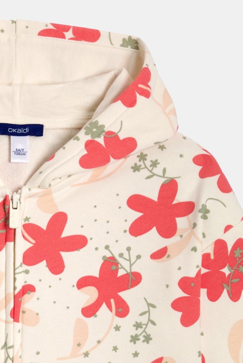 Sweat zippé à capuche fleuri beige Fille