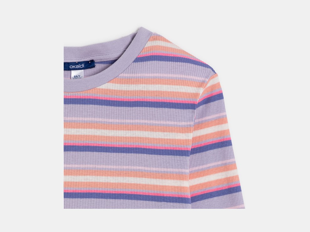 T-shirt blu a righe a coste con maniche lunghe per bambina 2