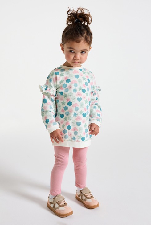Ensemble bedrucktes Sweat-Kleid und Leggings in Rosa für kleine Mädchen 1