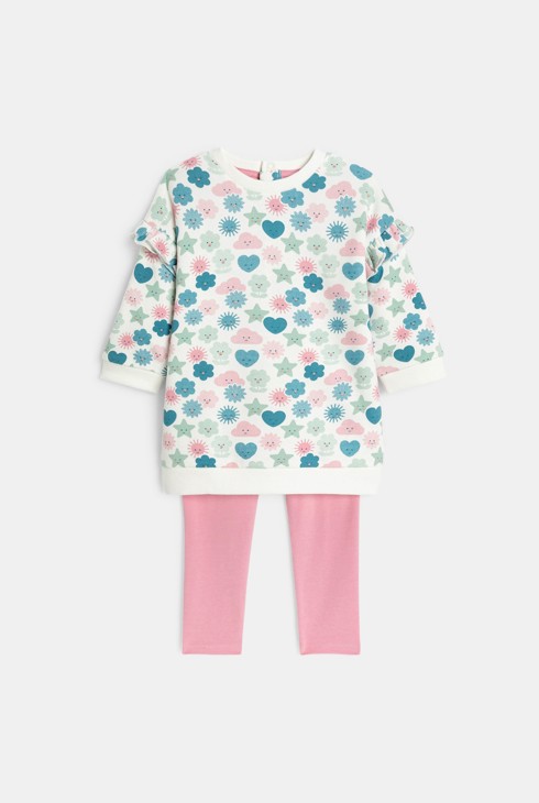 Ensemble bedrucktes Sweat-Kleid und Leggings in Rosa für kleine Mädchen 2