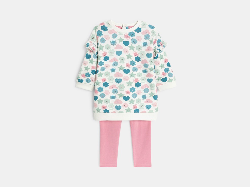 Ensemble bedrucktes Sweat-Kleid und Leggings in Rosa für kleine Mädchen 2