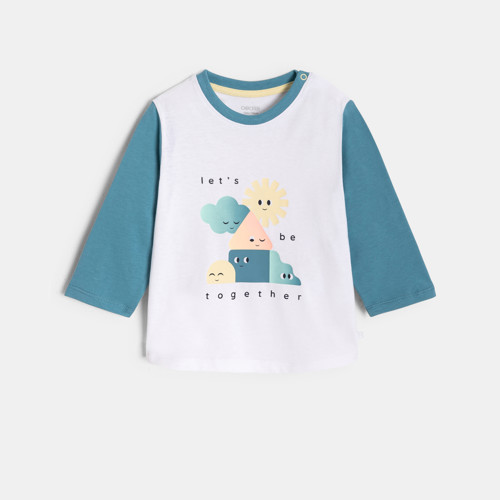 T-shirt Blanc Manches Longues À Motif Bébé Garçon - Bleu Mineral - 6M - OBAIBI