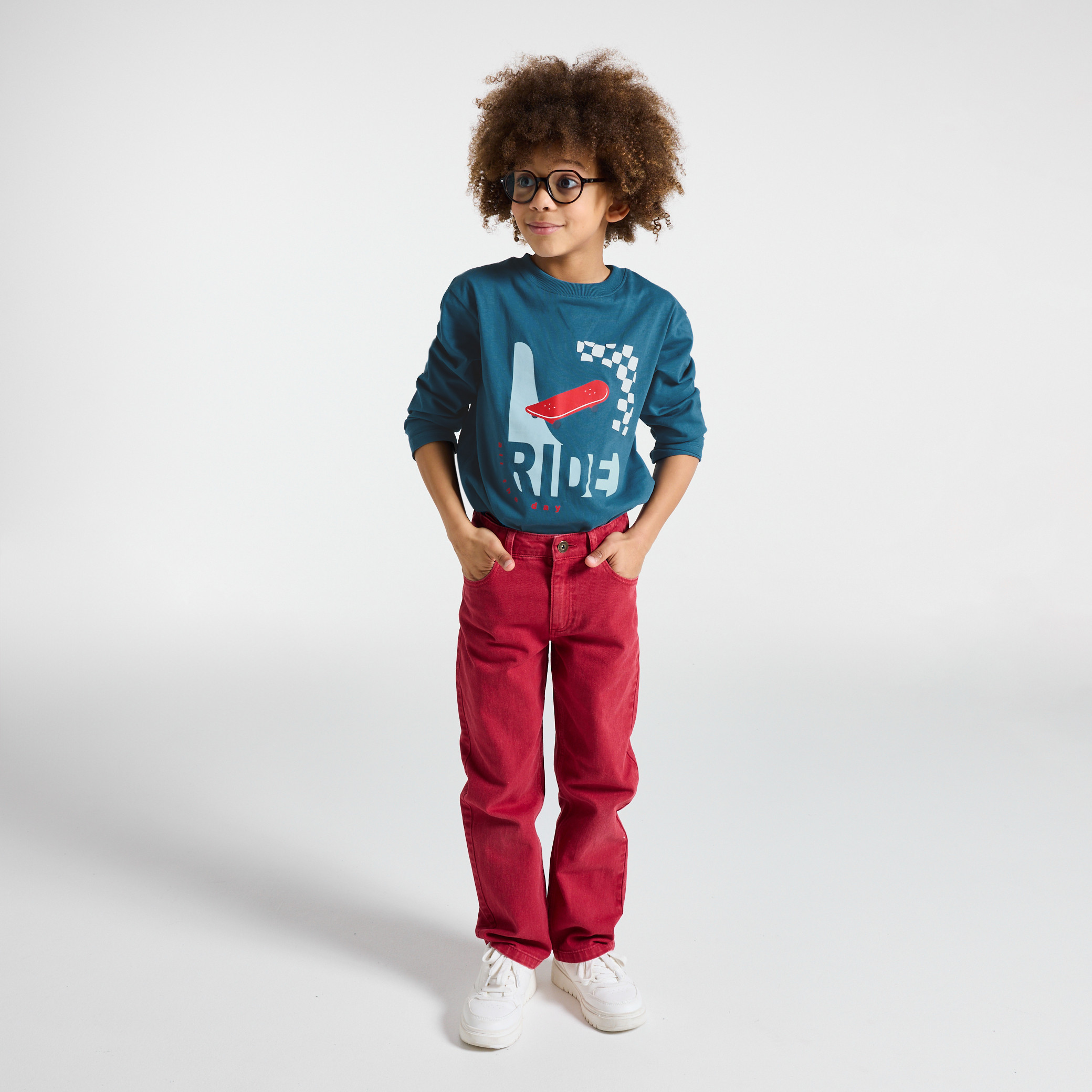 T-shirt manches longues skate gris garçon - Bleu pétrole