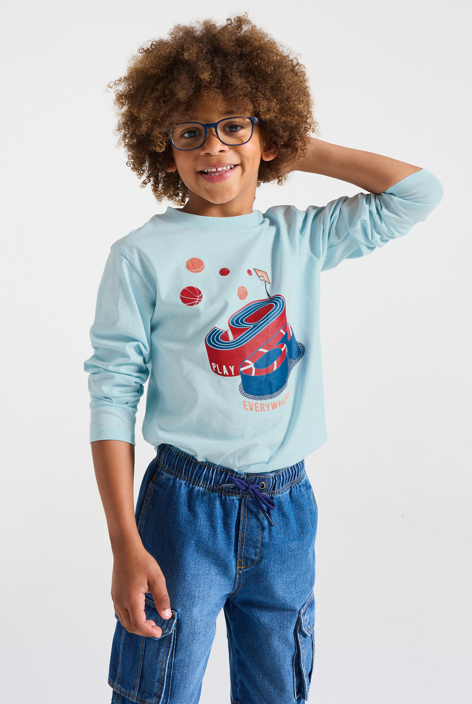 T-shirt manches longues sport blanc garçon - Bleu ciel