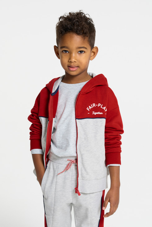 Fantovski sivi dvobarvni pulover s kapuco in zadrgo 1