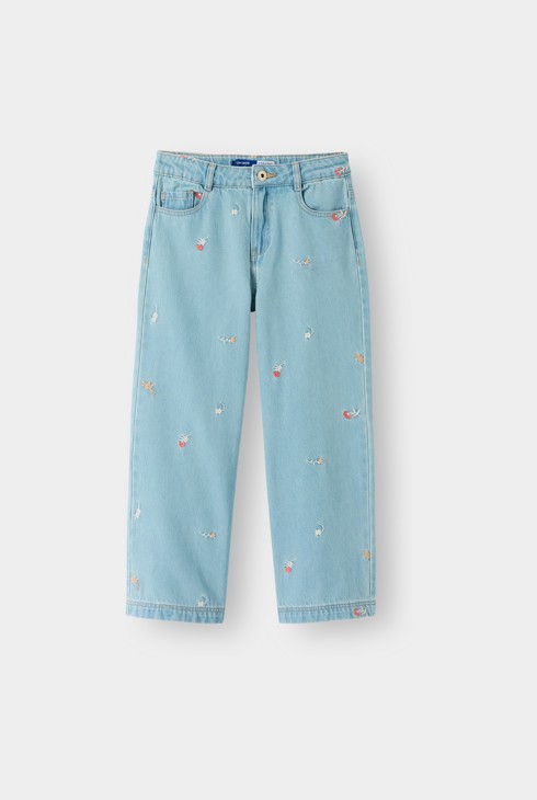 Lichtblauwe, wijde jeans met borduursels voor meisjes 2