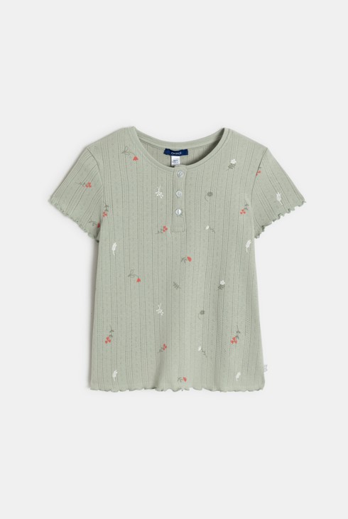 T-shirt en pointelle vert à motif fleuri Fille 1