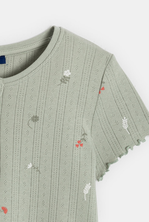 T-shirt en pointelle vert à motif fleuri Fille 2