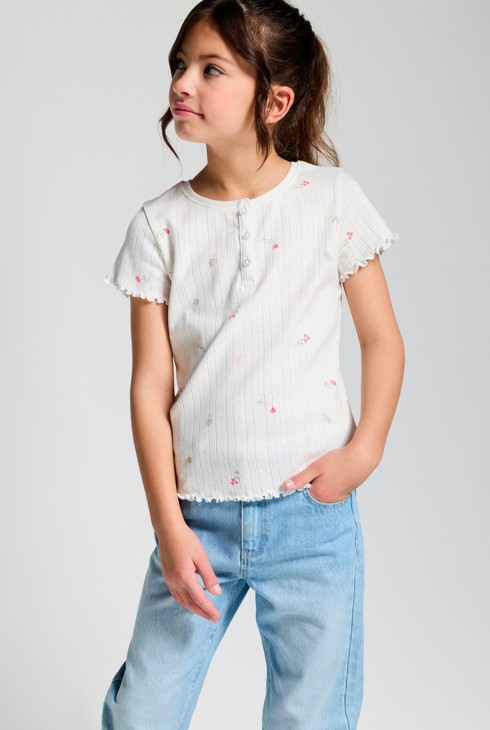 T-shirt en pointelle blanc à motif fleuri Fille 1