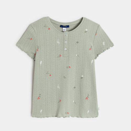 T-shirt En Pointelle Vert À Motif Fleuri Fille - Gris Écume - 10A - OKAIDI