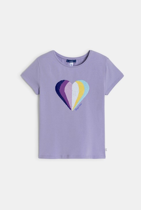 T-Shirt Herz Zauberpailletten blasslila Mädchen 1