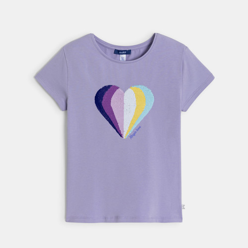 T-shirt Coeur Sequins Magiques Mauve Fille - Violet Orchidée - 3A - OKAIDI