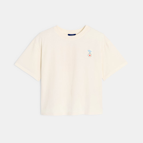 T-shirt Blanc Manches Courtes À Motif Fille - Blanc Meringue - 6A - OKAIDI