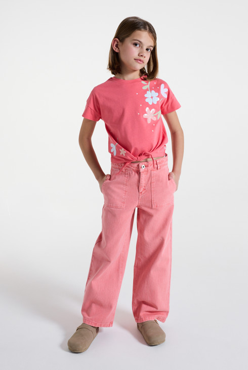 Girl's pink flower motif T-shirt 1