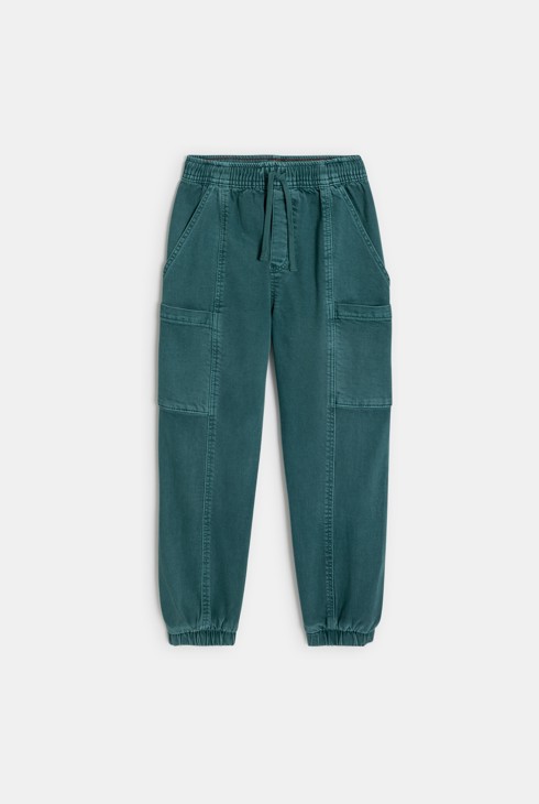 Pantalon cargo denim souple vert garçon 1