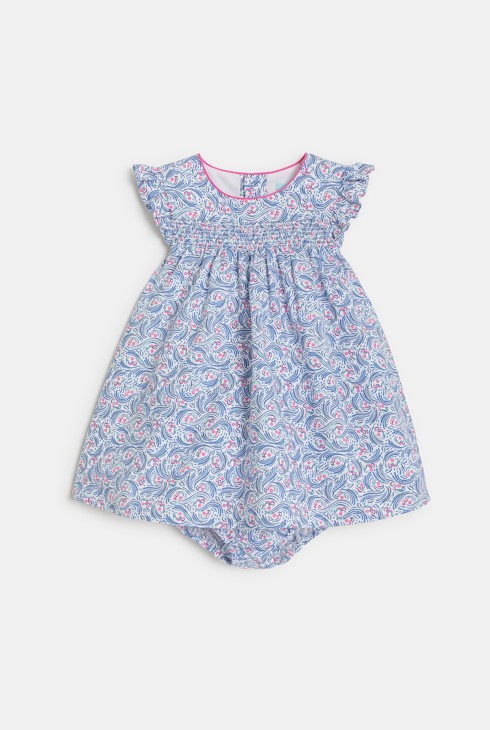 Robe à smocks fleurie bleu bébé fille