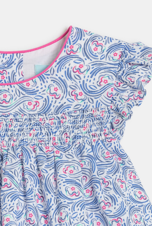 Robe à smocks fleurie bleu bébé fille