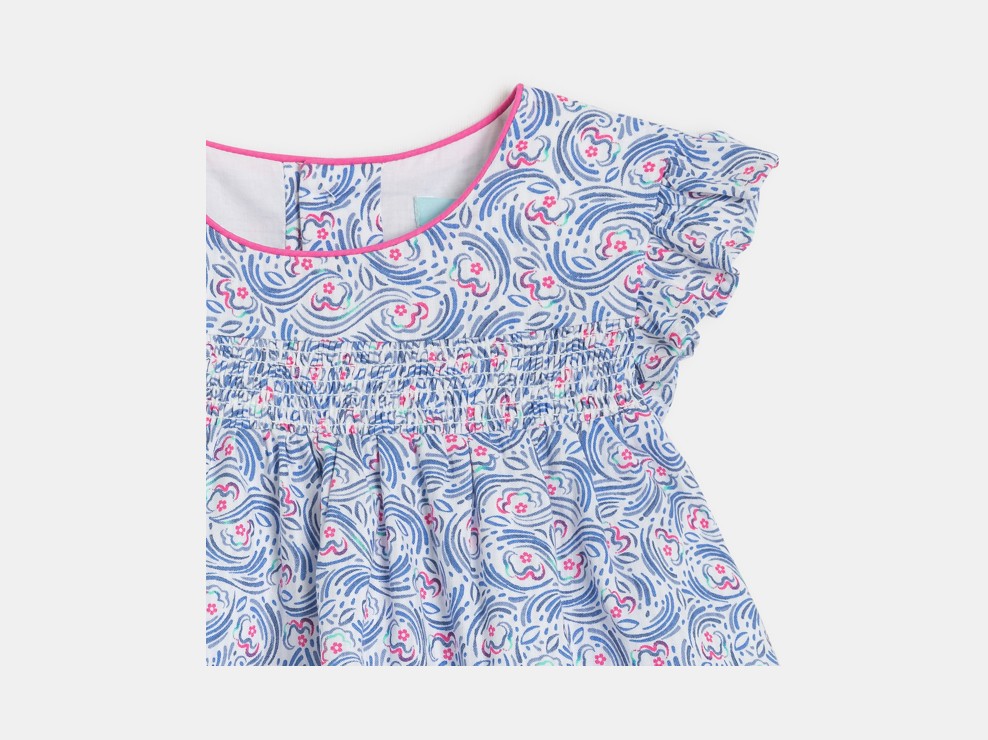 Blauwe gesmokte jurk met bloemenprint voor babymeisjes 2