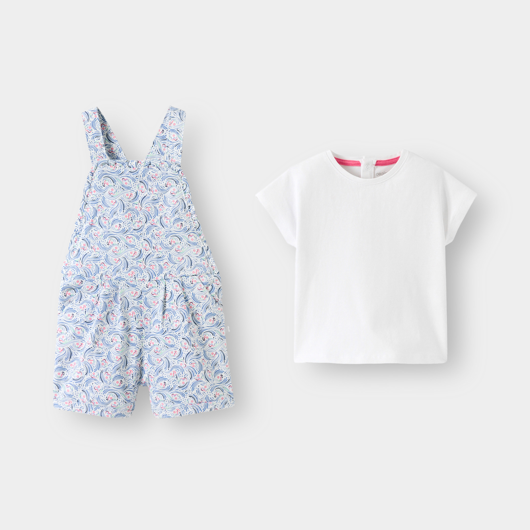 Salopette courte et t-shirt bleu bébé fille - Imprimé bleu