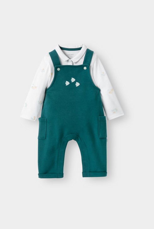 Salopette lunga in pile e body verde neonato 1