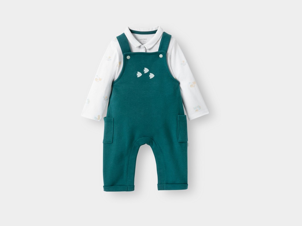 Salopette longue molleton et body vert bébé garçon 1