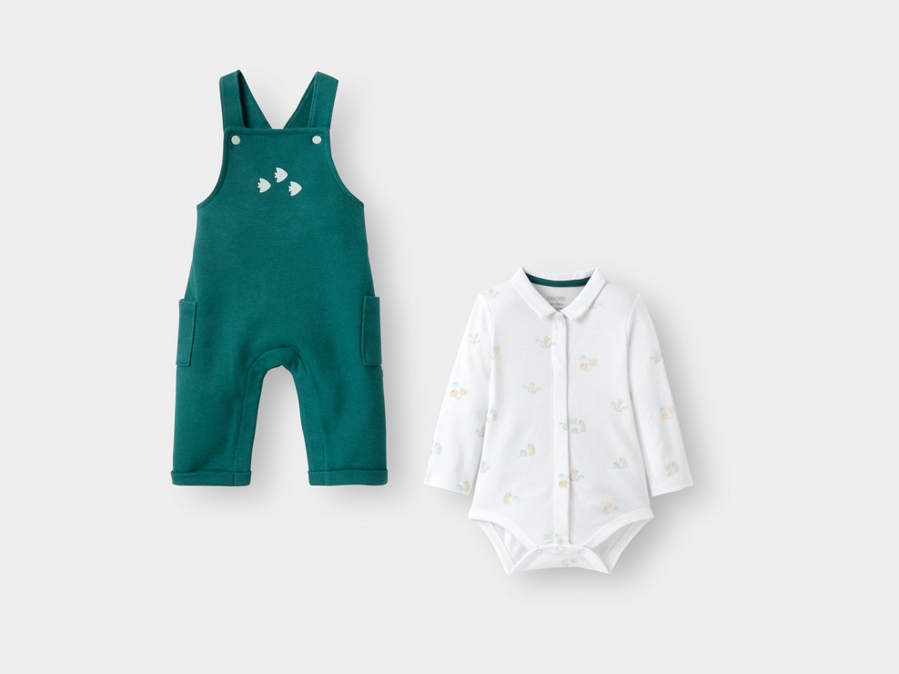 Salopette longue molleton et body vert bébé garçon 2