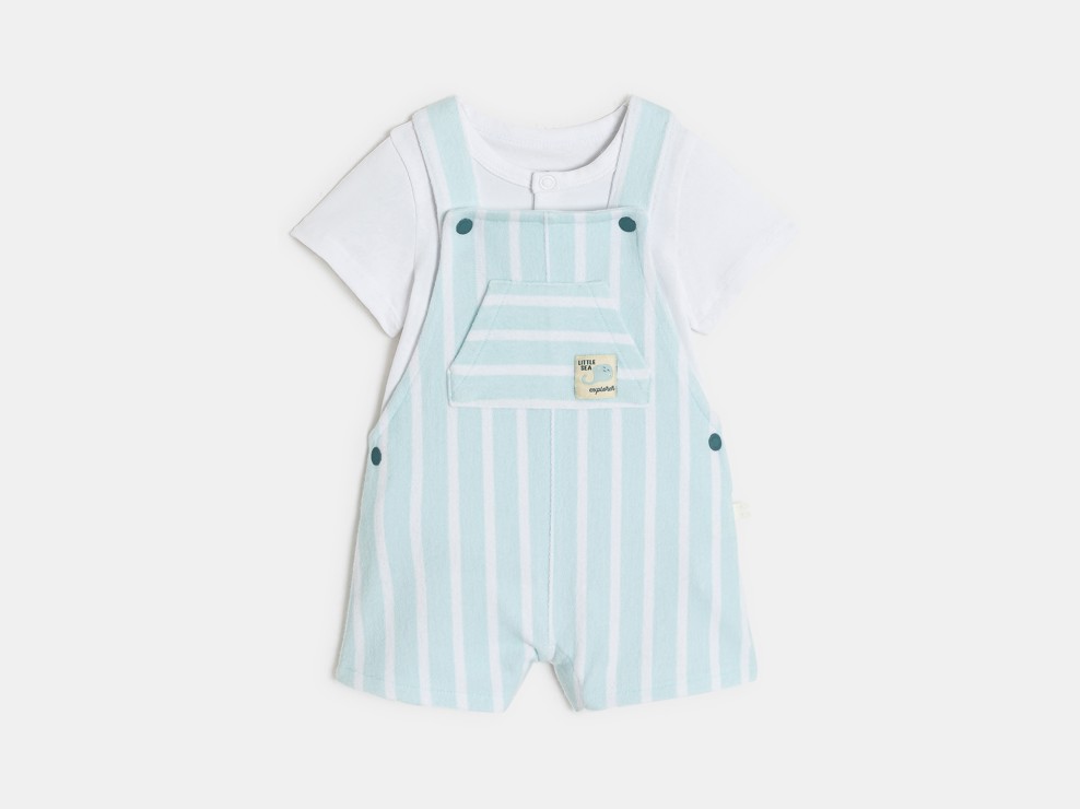 Salopette bouclé e body azzurro neonato 1
