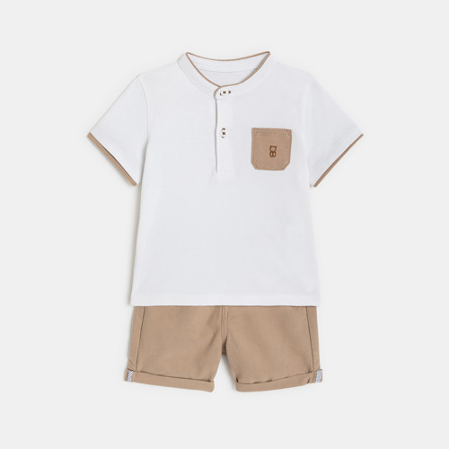 Short Et T-shirt Maille Piquée Blanc Bébé Garçon - Beige Sesame - 3M - OBAIBI