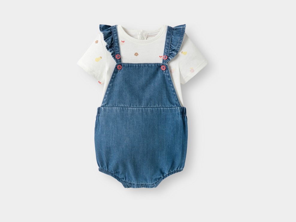 Barboteuse en jean et body bleu bébé fille 1