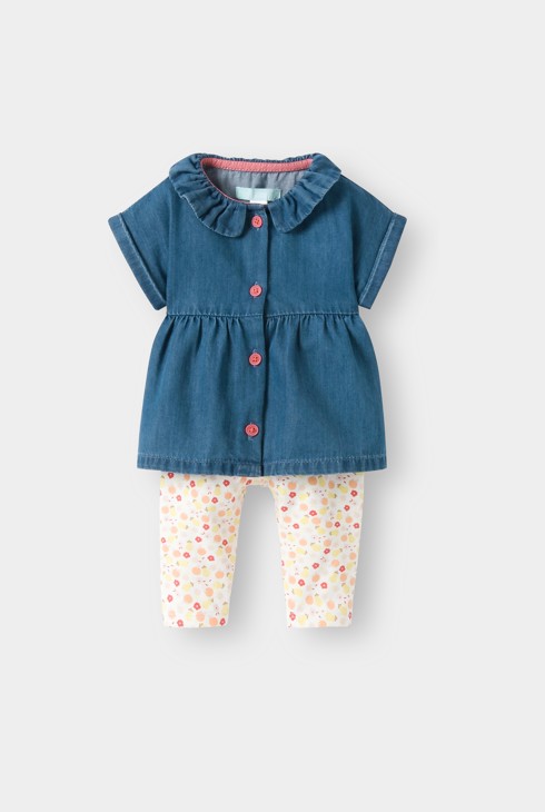 Blouse en jean et legging fleuri bleu bébé fille 1