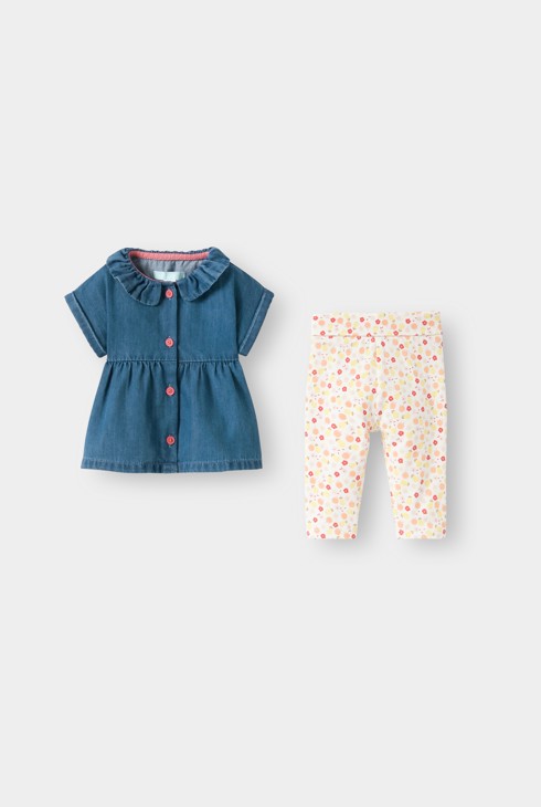 Blouse en jean et legging fleuri bleu bébé fille 2
