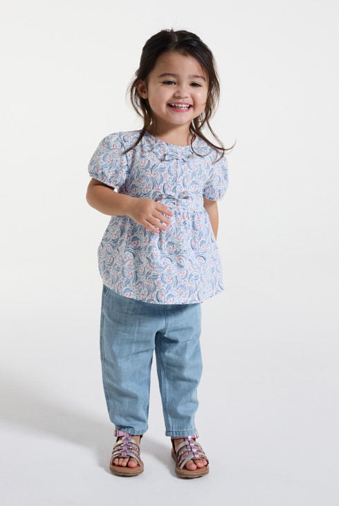 Pantaloni blu con cintura annodata per neonata 1