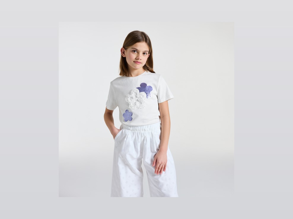 T-shirt blanc fleurs à sequins Fille 1