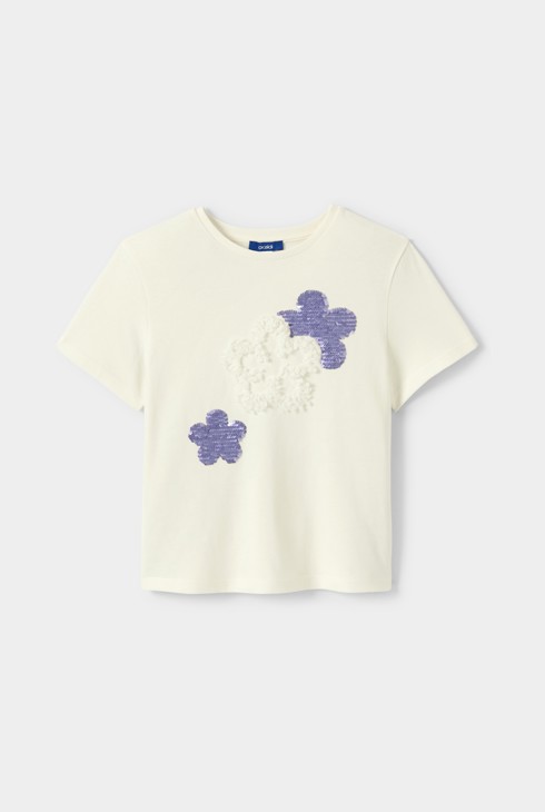 Camiseta blanca con flores y lentejuelas para niña 2