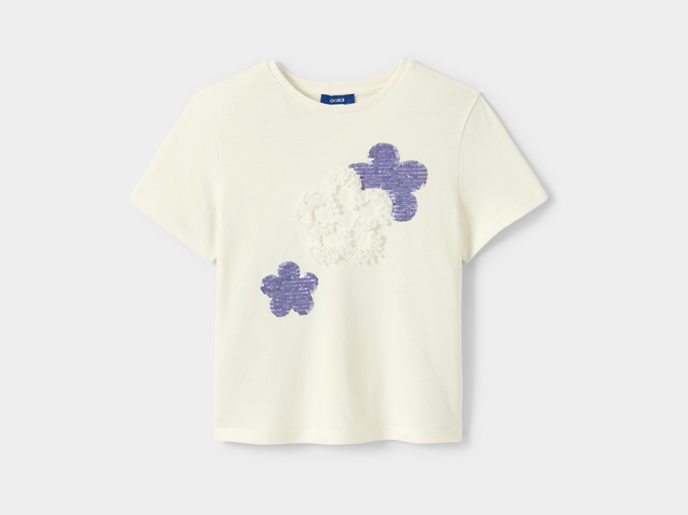 T-shirt blanc fleurs à sequins Fille 2
