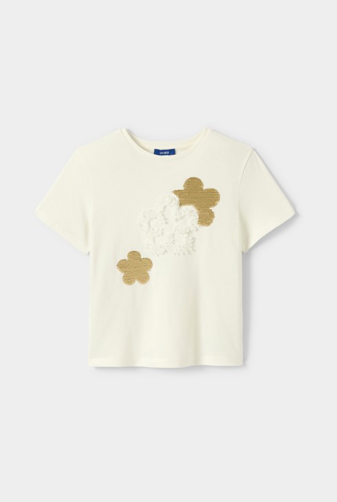 Weißes T-Shirt mit Blumenmuster und Pailletten für Mädchen
