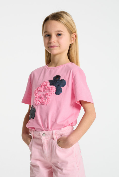 Camiseta rosa con estampado de flores y lentejuelas para niña 1