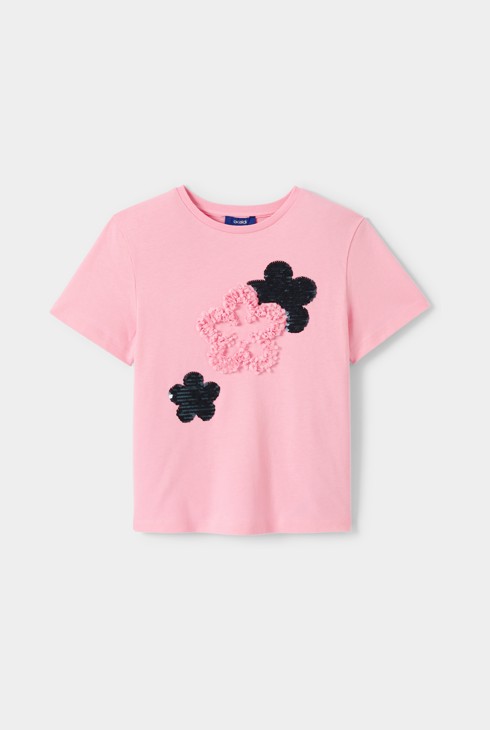 Camiseta rosa con estampado de flores y lentejuelas para niña 2