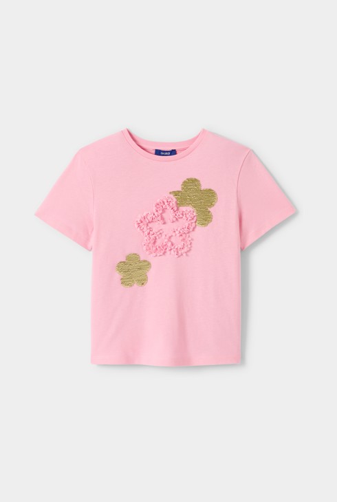 Rosa T-Shirt mit Blumenmuster und Pailletten für Mädchen