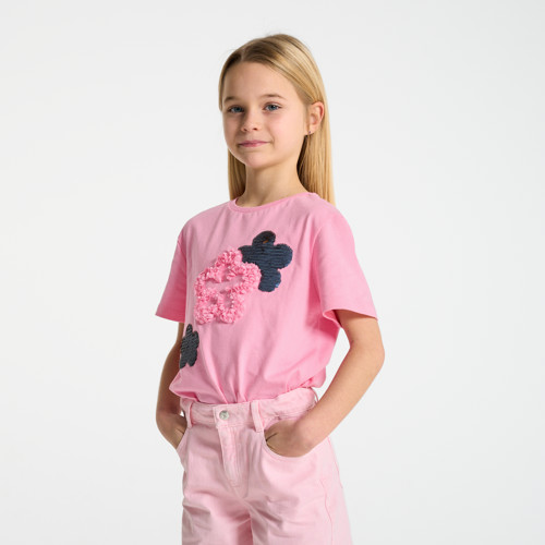 T-shirt Fleurs À Sequins Rose Fille - Rose Malabar - 12A - OKAIDI