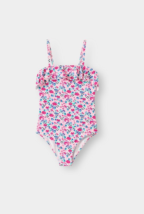 Traje de baño rosa de una pieza para niña con estampado floral. 2