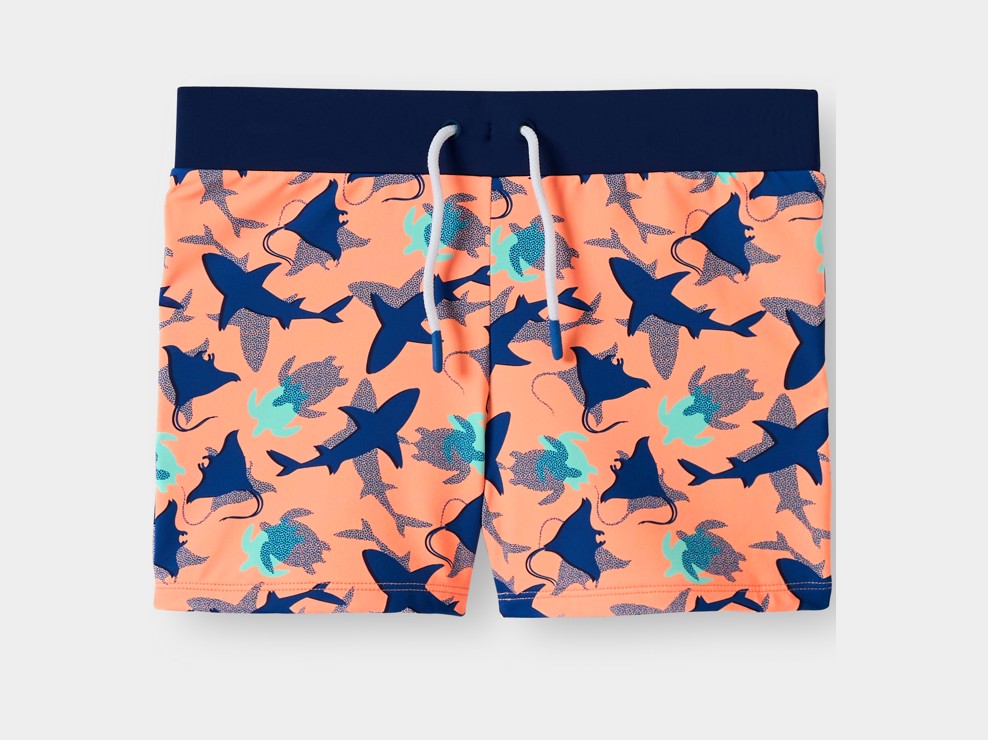 Shorts da bagno arancioni con squali bambino 1