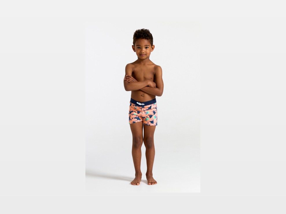 Shorts da bagno arancioni con squali bambino 1