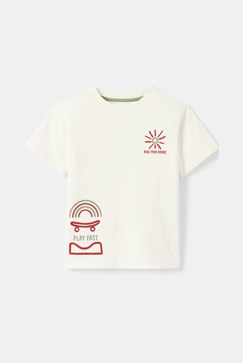 T-shirt bianca con motivo skate bambino 1