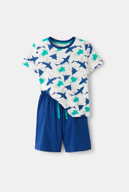 Blauwe korte pyjama met haaiprint voor jongens 1