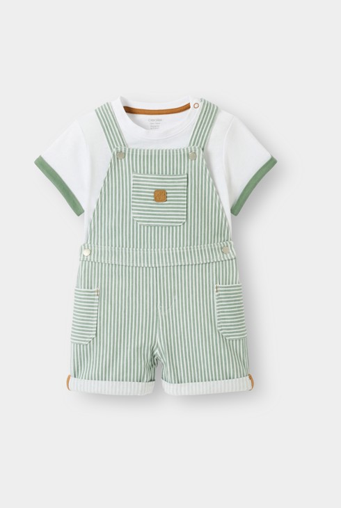 Kurze Latzhose gestreift und T-Shirt grün Kleinkind Junge 1