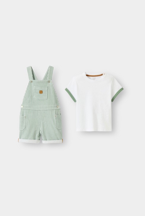 Kurze Latzhose gestreift und T-Shirt grün Kleinkind Junge 2