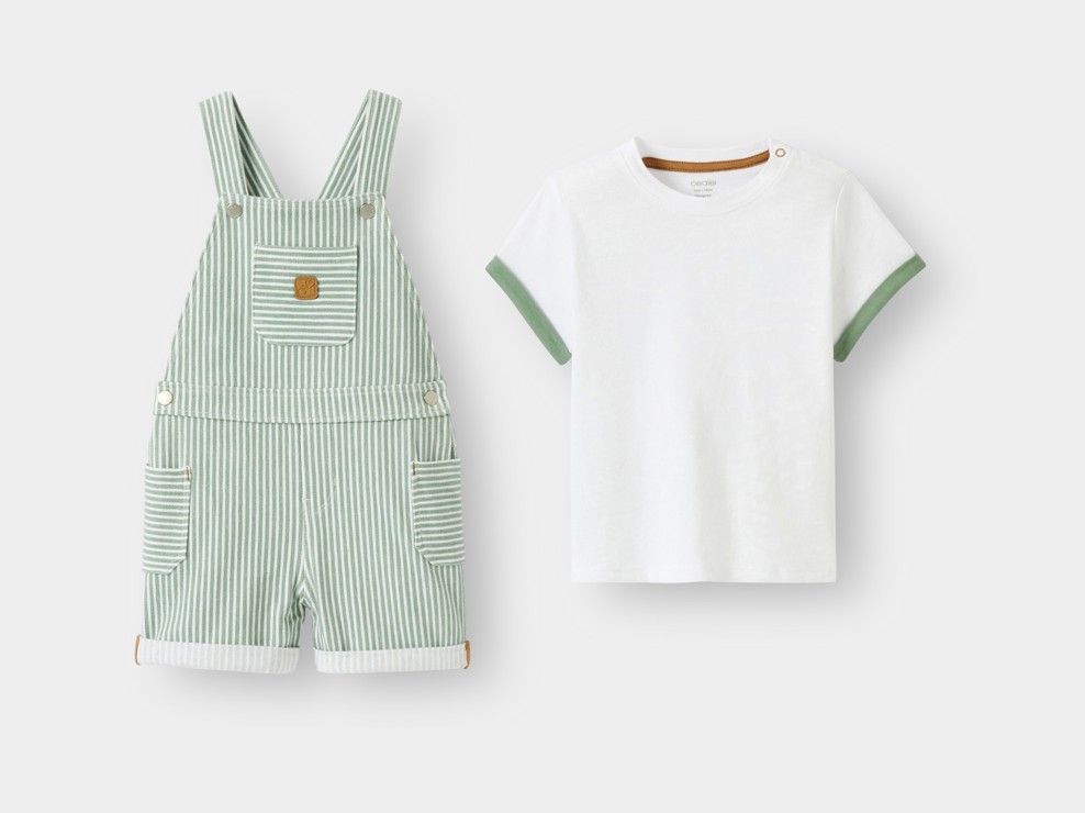 Peto corto a rayas y camiseta verde bebé niño 2