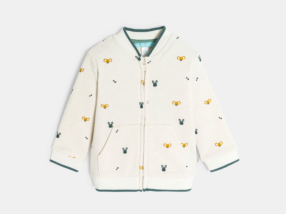 Beigefarbener Teddy-Sweater mit Reißverschluss und Tiermotiv, Baby, Jungen 2