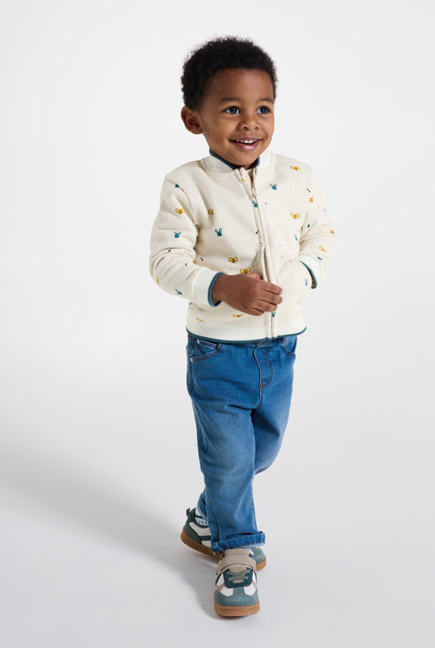 Beigefarbener Teddy-Sweater mit Reißverschluss und Tiermotiv, Baby, Jungen 1